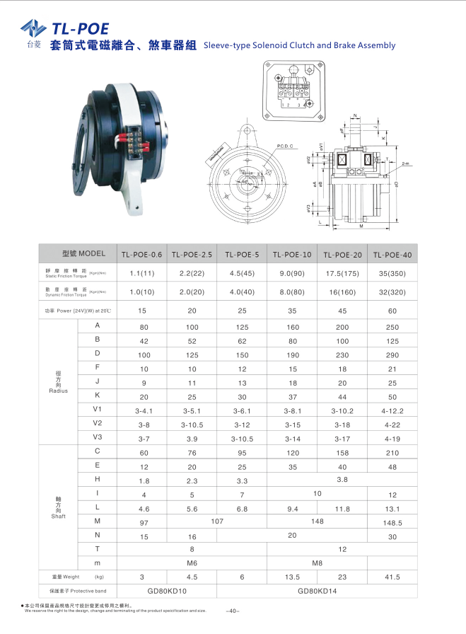 套筒式電磁離合剎車器組TL-POE型規(guī)格型號(hào)參數(shù)表